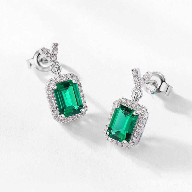 S925 Sterling Silver Lab-Grown Emerald Geometric Stud Earrings