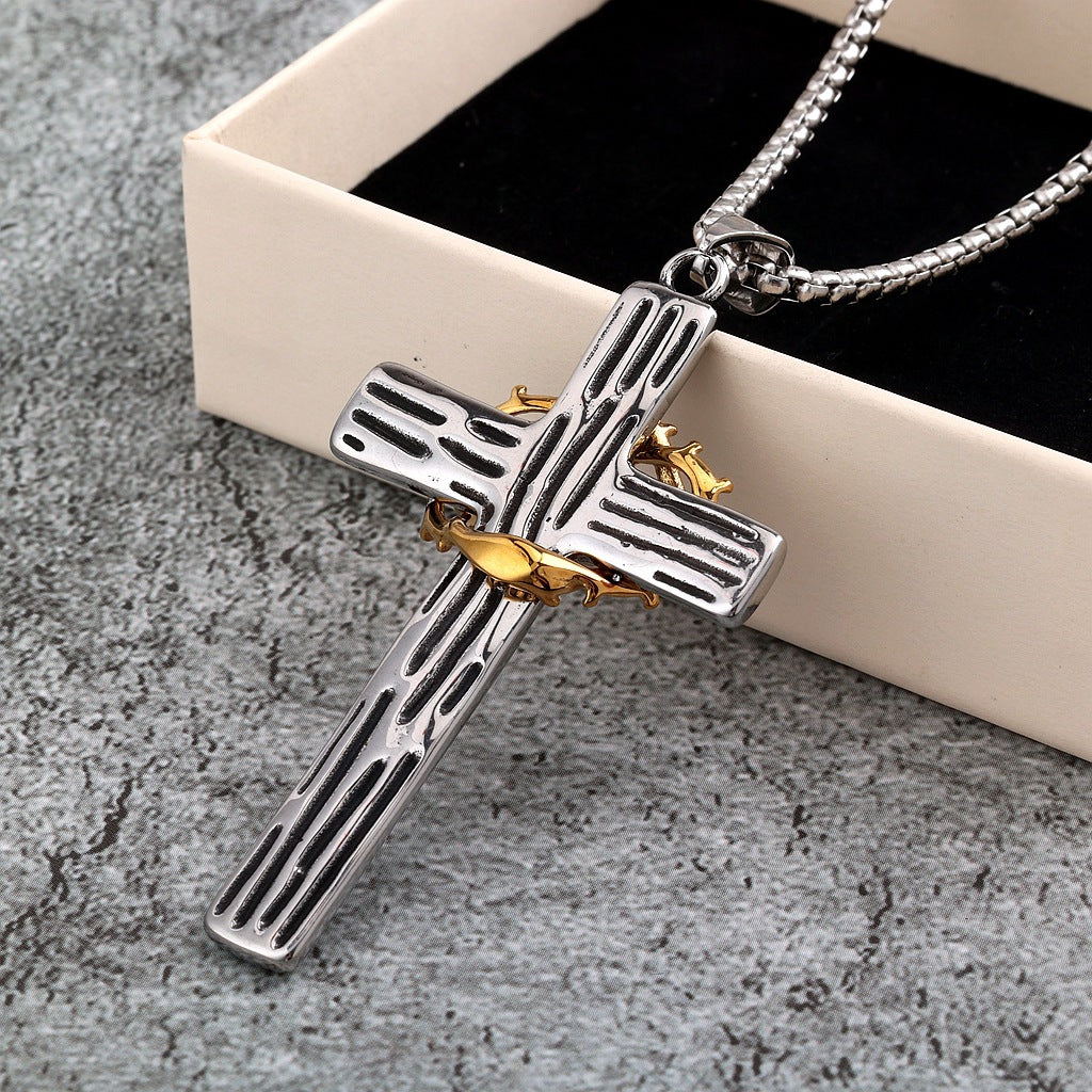 Vintage Cross Crown Stainless Steel Men's Pendant Necklace