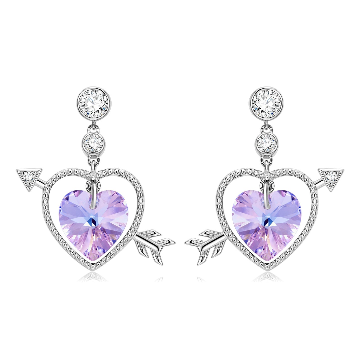 Cupid's Arrow Heart Shape Purple Zircon Silver Drop Earrings