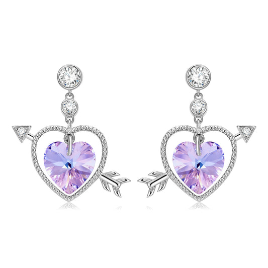 Cupid's Arrow Heart Shape Purple Zircon Silver Drop Earrings