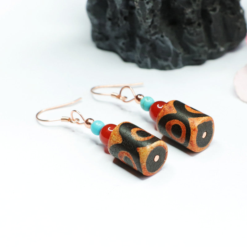 Three-Eye Dzi Agate 925 Silver Hook Earrings