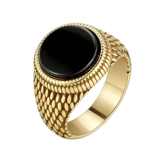 Planderful Titanium Steel Ring For Men Unisex Retro Round Gemstone Protection Statement Style