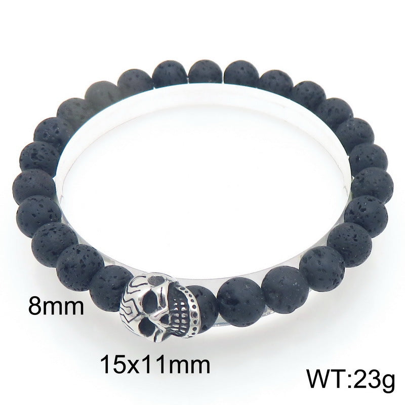 Planderful Men Skull Beaded Elastic Bracelet Volcanic Stone