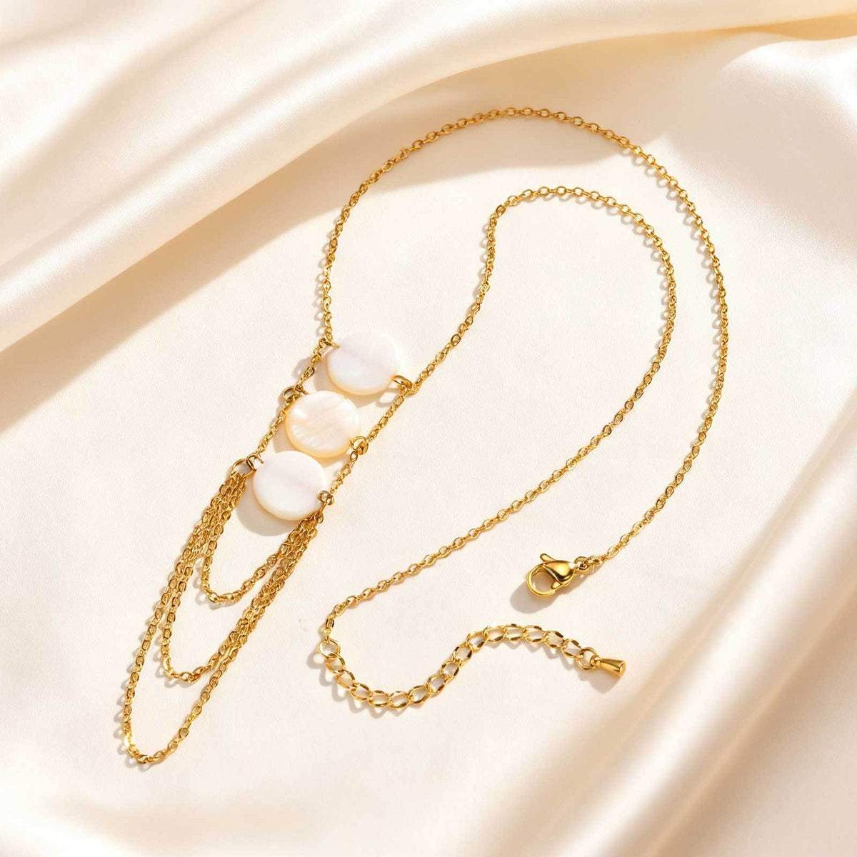 Stainless Steel Layered Geometric Flat Cross Chain Round Shell Piece Y-Shaped Necklace