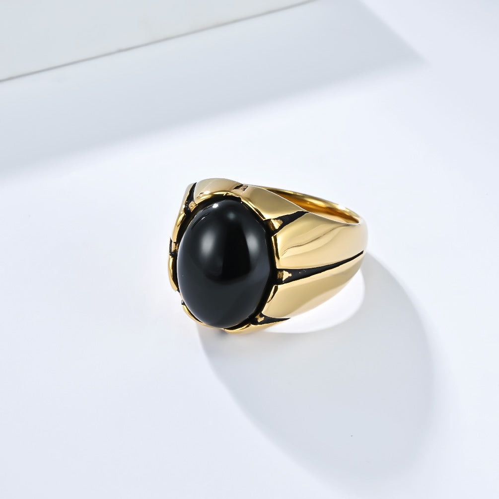 Planderful Tiger's Eye Ring For Men Egg Shaped Black Stone Stainless Steel Jewelry Everyday Genie