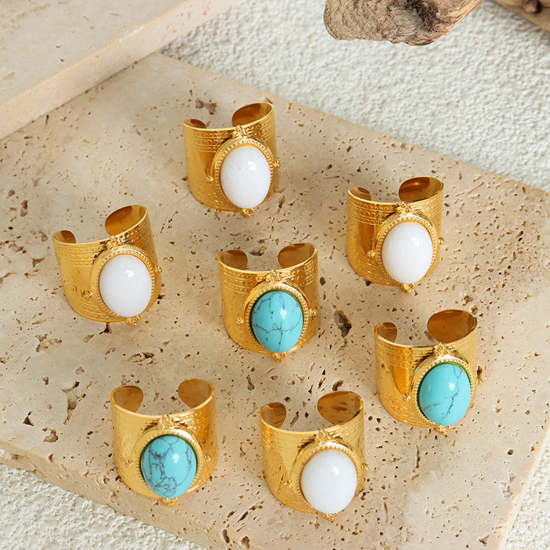 Luxurious French Retro Turquoise Gold Plated Ring for Women