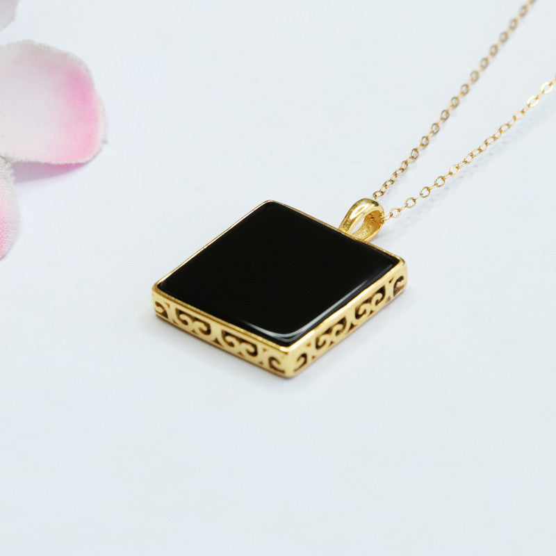 Black Agate Greek-Key Peace Plaque Pendant — No Chain