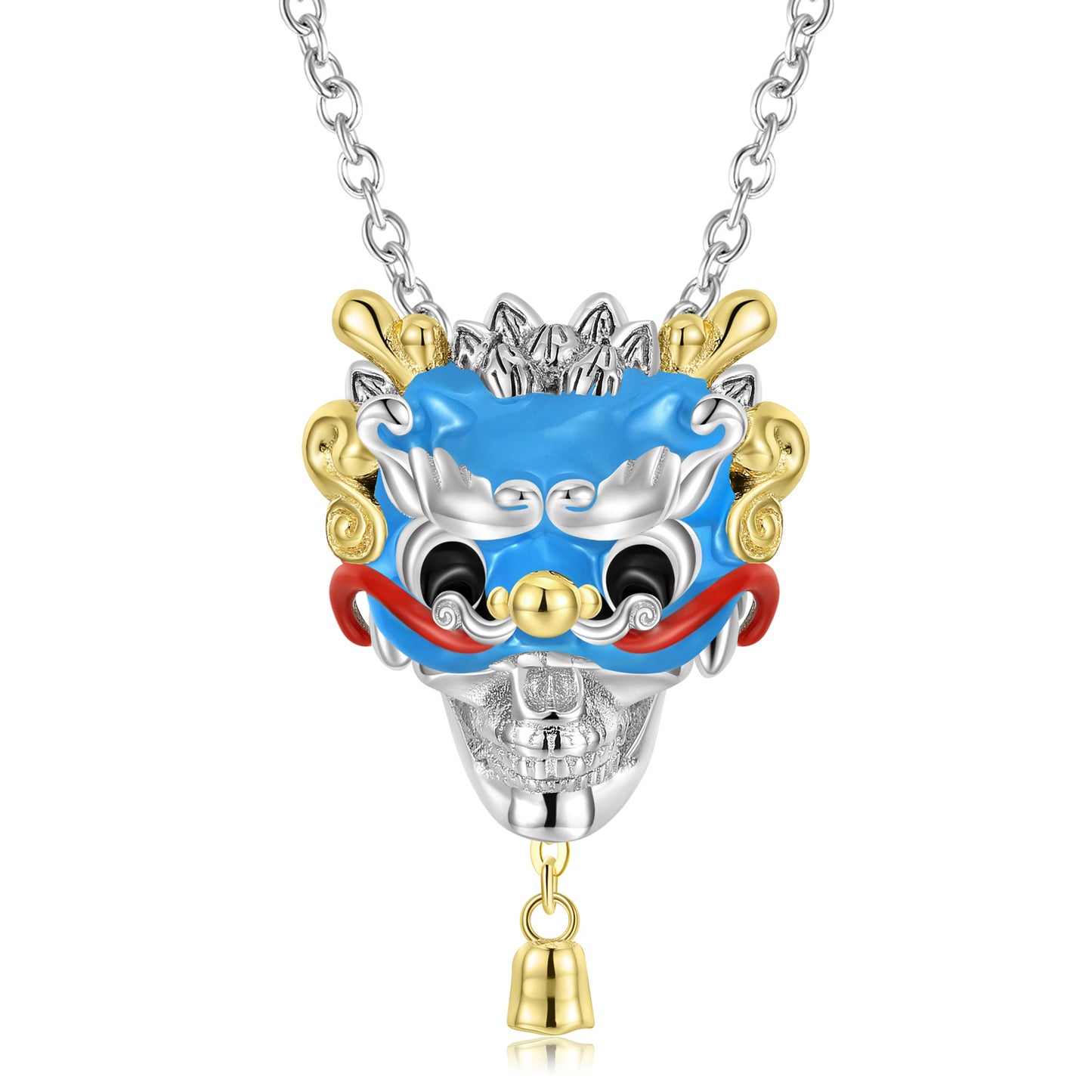 Halloween Colourful Lion Dance Head Skull Silver Necklace