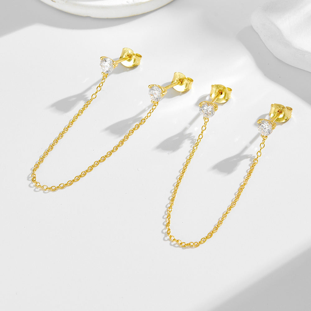 S925 Sterling Silver Wind Chain Fringed Zircon Stud Earrings, In Europe And America,