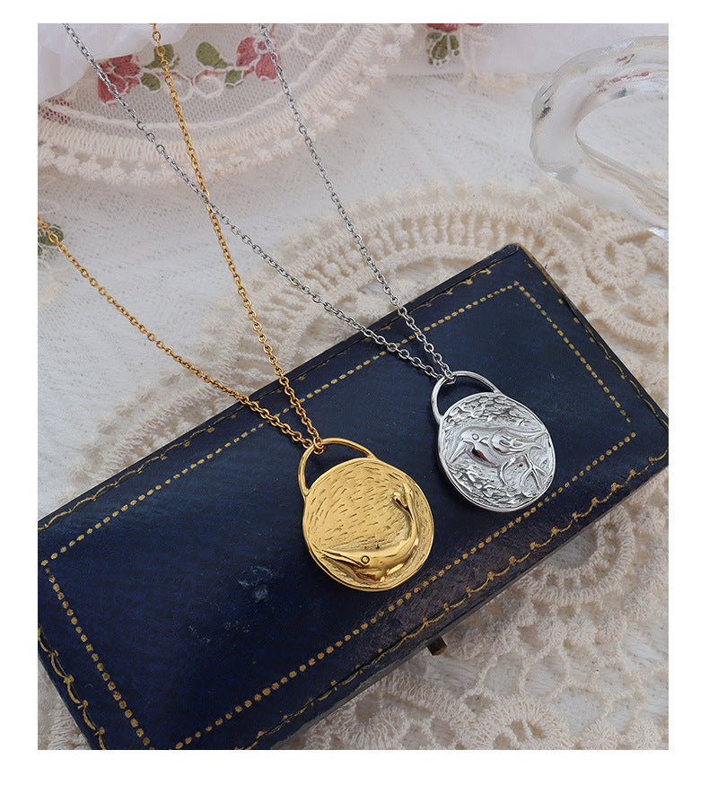 French Bird and Dolphin Reversible Pendant Titanium Steel Necklace