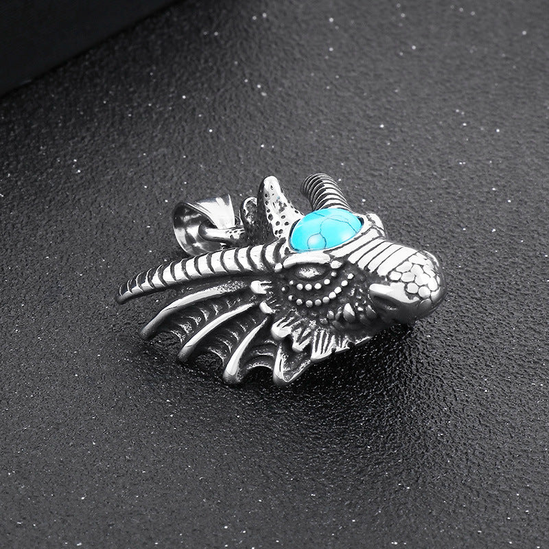 Animal Stainless Steel, Punk Retro Cool Inlaid Turquoise Dragon Pendant For Men Necklace