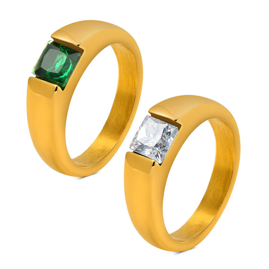 Titanium Steel Women's Ring 18k Gold Green Zircon Jewelry