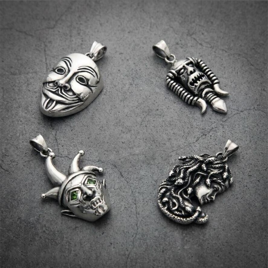 Dark Rock Clown Mask Pendant Punk Wind Smear Snake Hair Witch Stainless Necklace