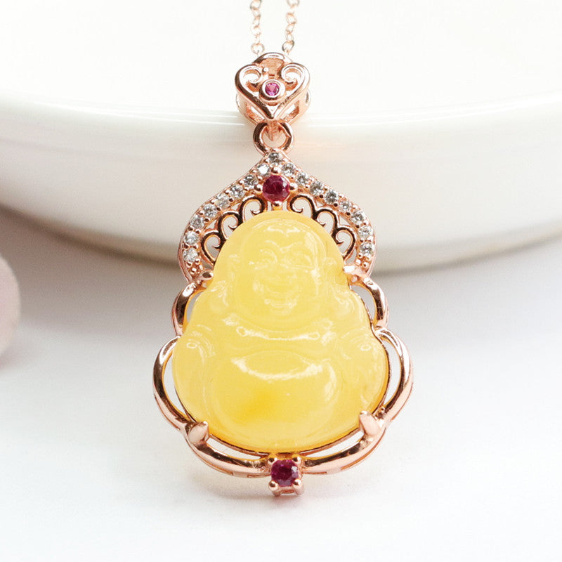 Golden Buddha Pendant Necklace with Amber Gemstones and Zircon Accents