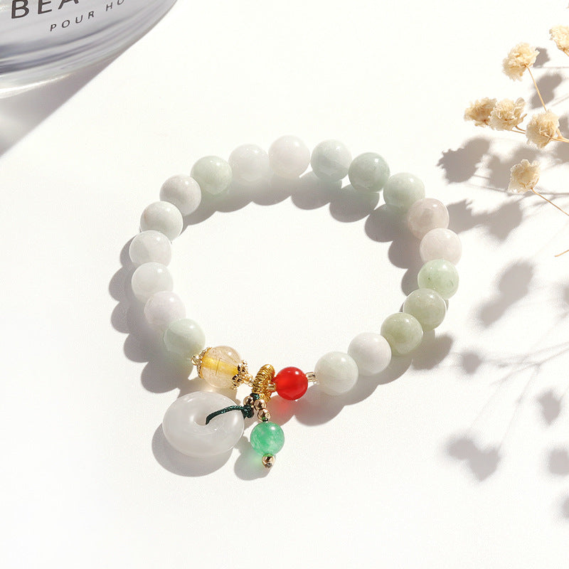 Golden Hair Crystal and Red Agate Jadeite Bracelet with Sterling Silver Safety Buckle