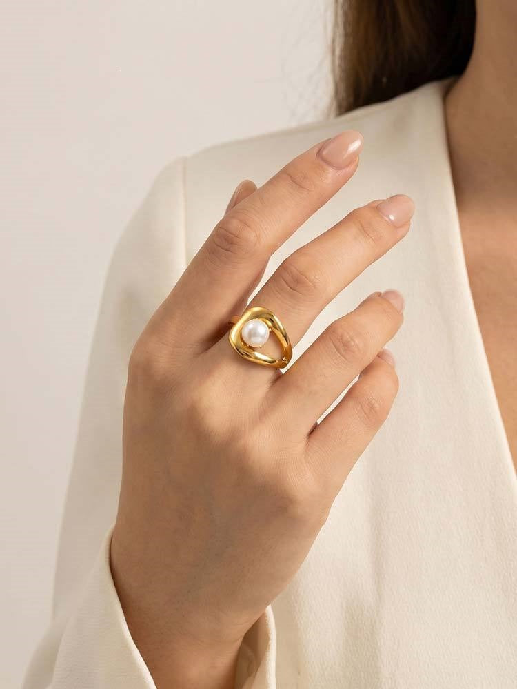 Women's Style – Stainless Steel Imitation Pearl Geometric Lines Open Stacked With Ring