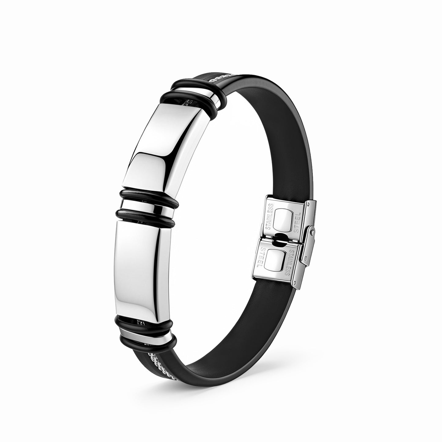 Stainless Steel Leather Rope Bracelet Two Tone Black Silver Men Unisex Protection Statement Planderful Everyday Genie
