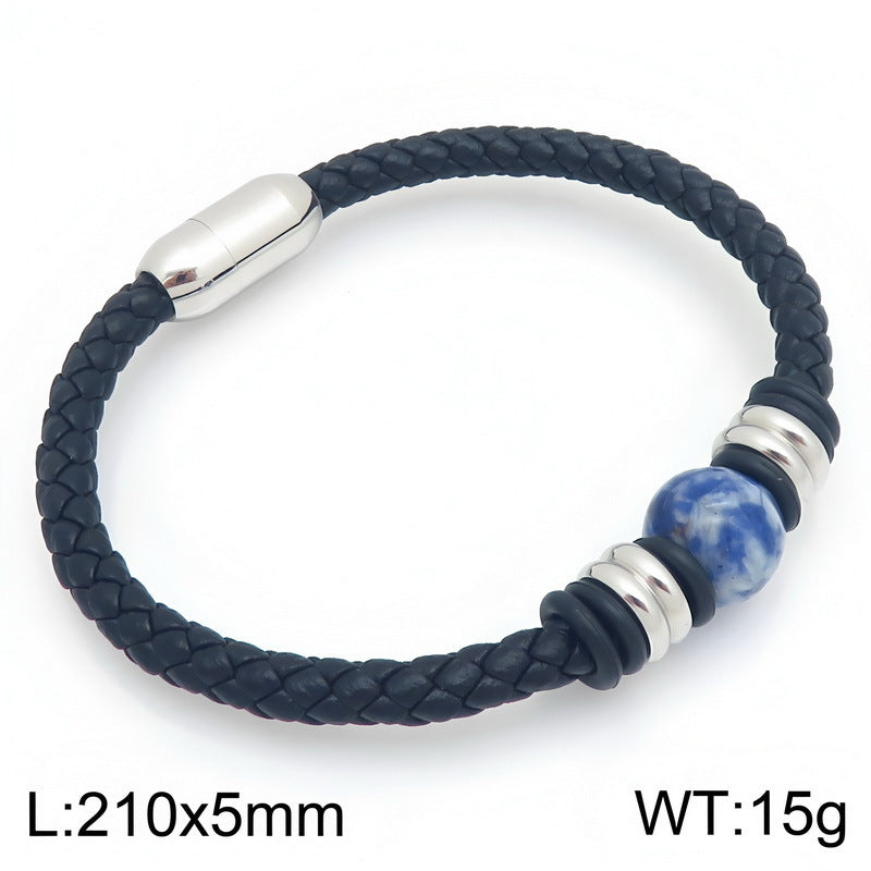 Woven Leather Rope Bracelet Tiger's Eye Stone Lapis Lazuli Magnetic Buckle Stainless