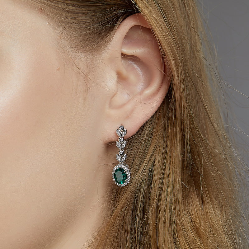 S925 Sterling Silver Lab-Grown Emerald Leaf Stud Earrings