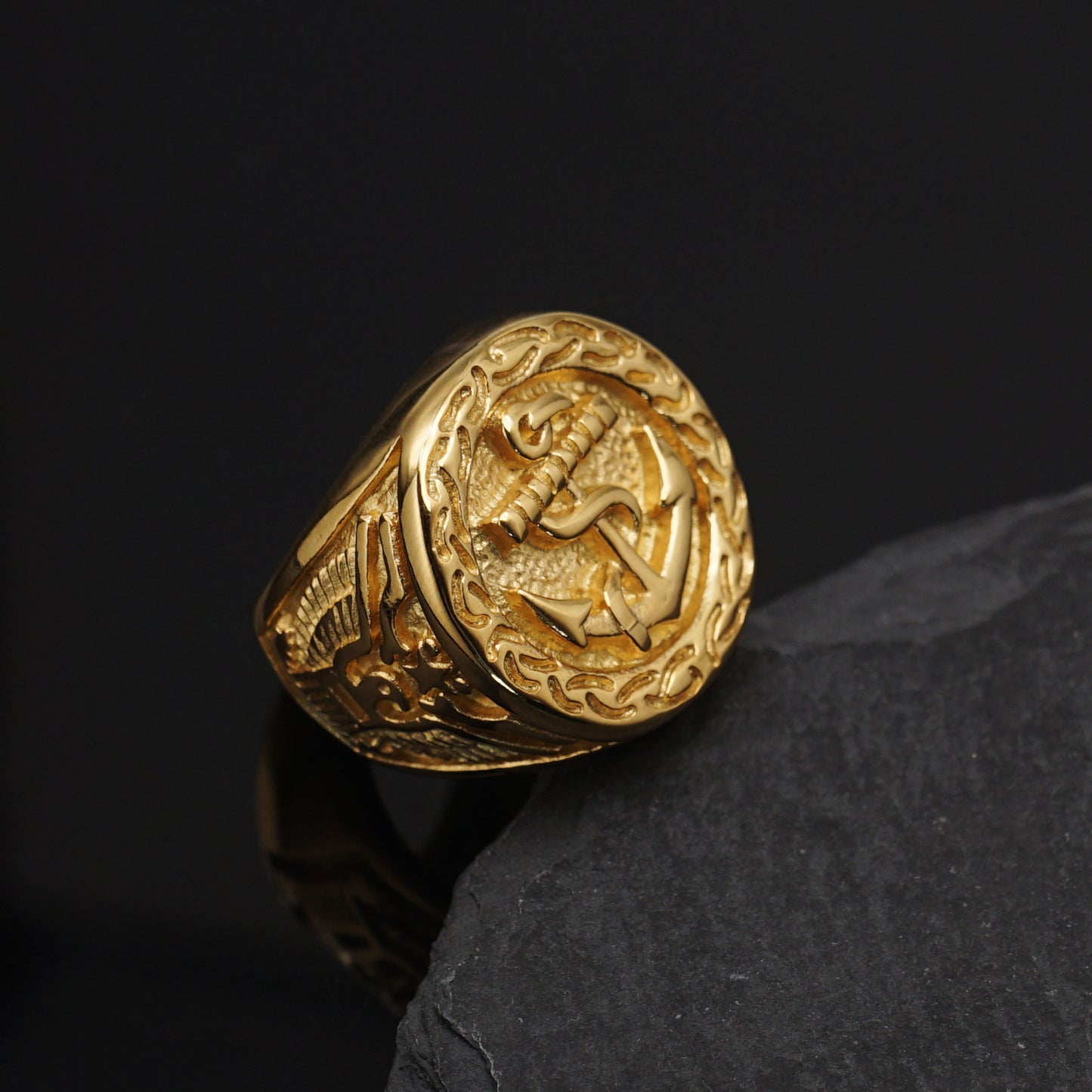 Planderful Hip Hop Ring Stainless Steel Gold Plated Eagle Anchor Durable For Men And Women
