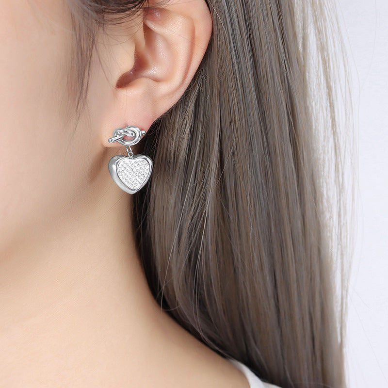 Three-dimensional Love Titanium Steel Earrings with Zircon Studs