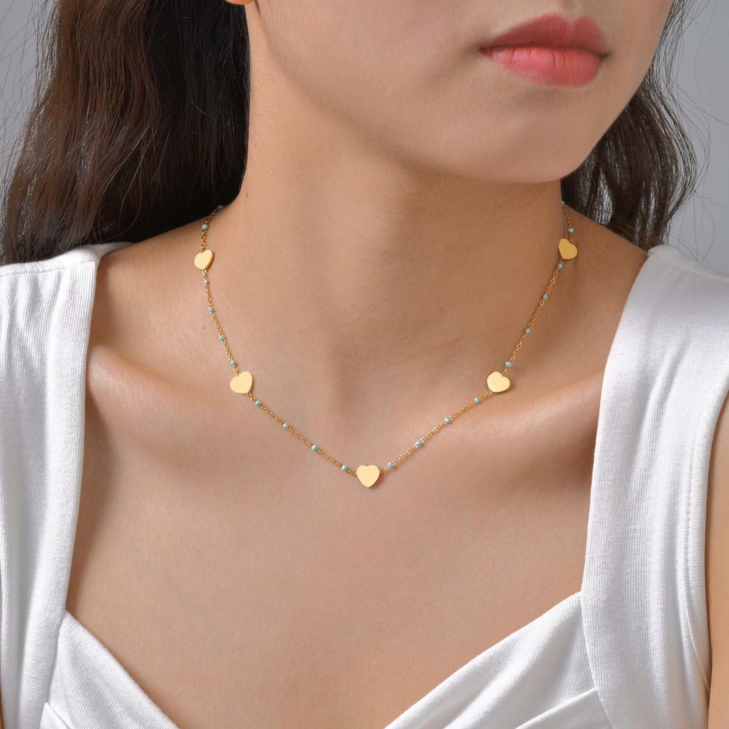 Ladies Clavicle Chain Stainless Steel Flat Cross Chain Full Light Blank Heart Drop Blue Necklace
