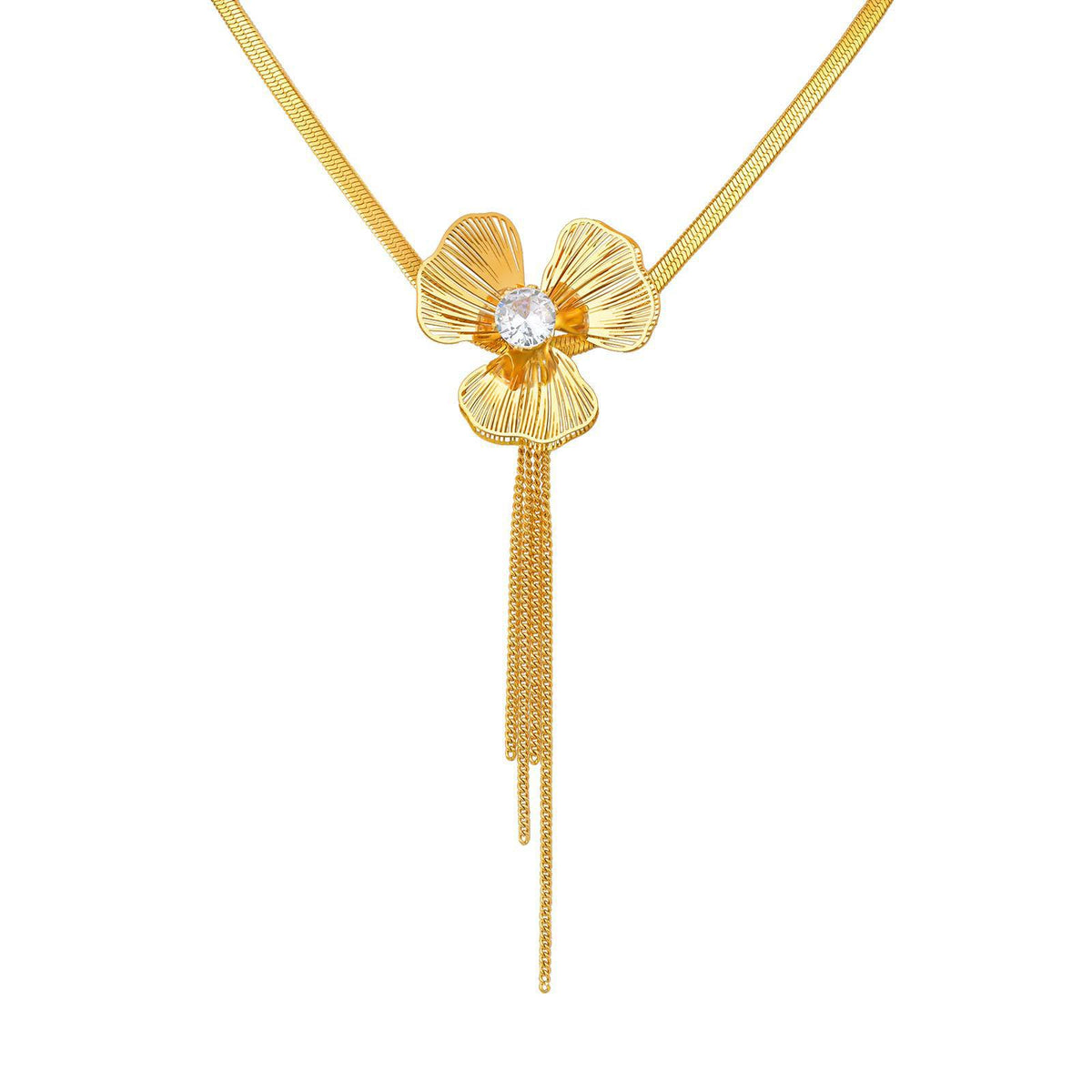 Wind Design Stainless Steel Blade Chain Zircon Clover Y-Shaped Necklace