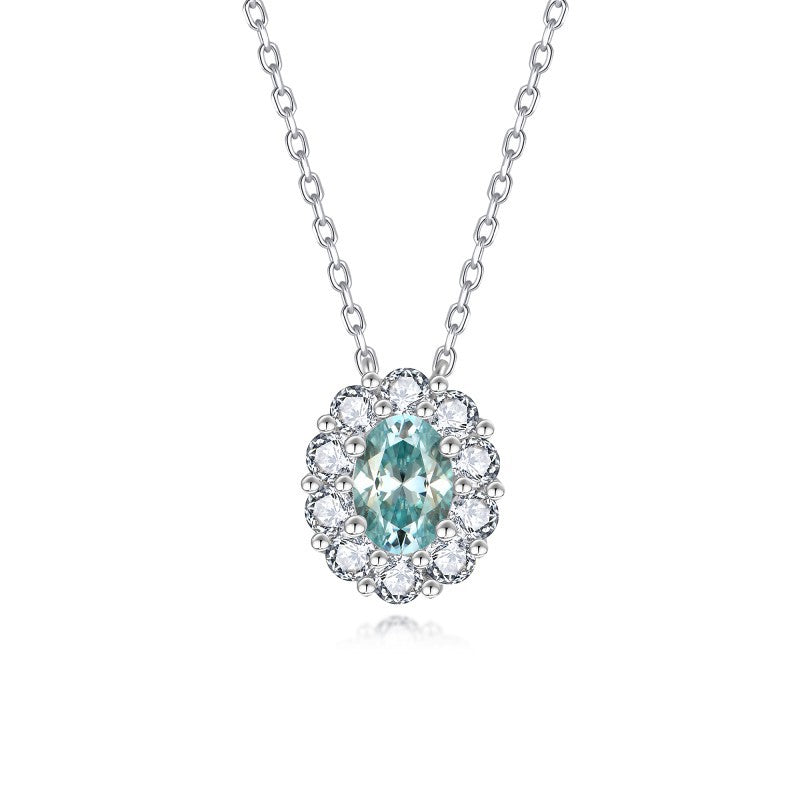 French Paraiba Color Lake Water Blue Moissanite Pendant Necklace