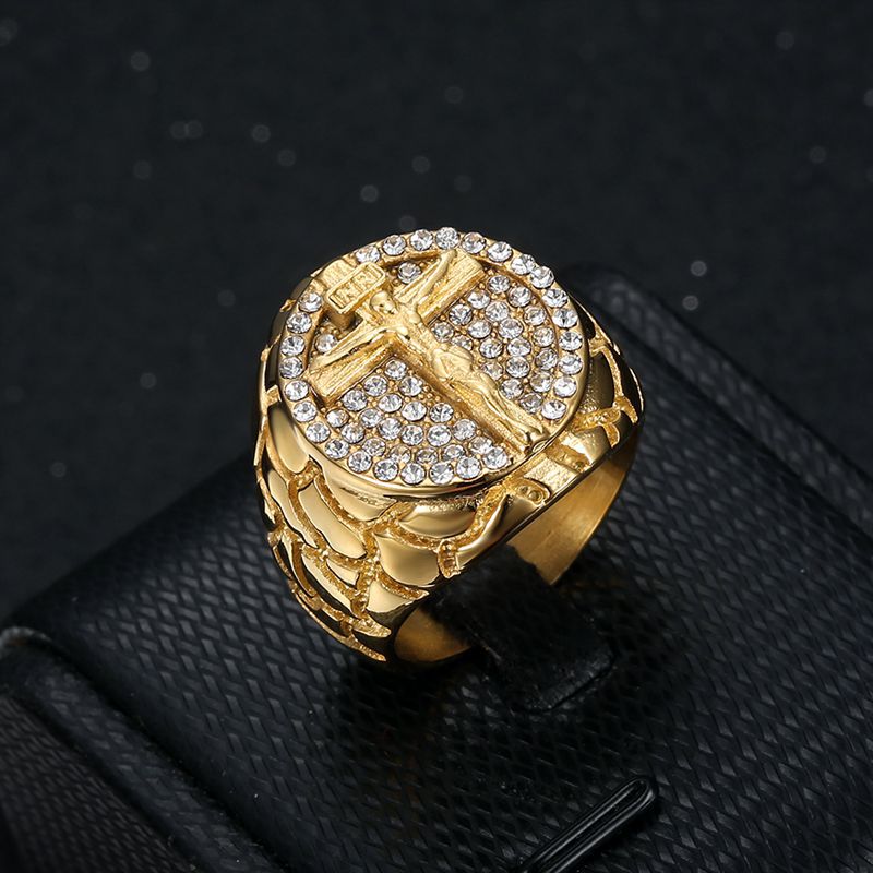 Planderful Everyday Genie Mens Hip Hop Ring Titanium Steel Rhinestone Cross Durable Bold Statement