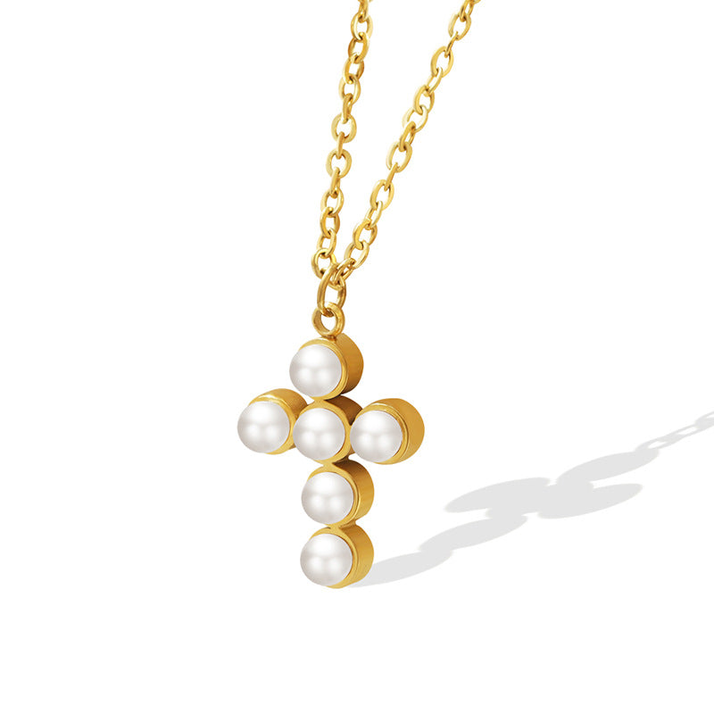French Pearl Cross Pendant Necklace with a Twist - Elegant and Stylish Statement Jewelry for Wholesale