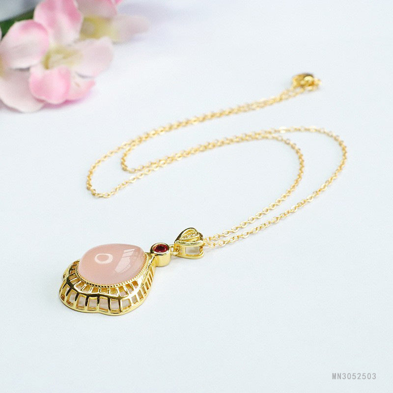 Pink Chalcedony Openwork Teardrop Pendant — No Chain