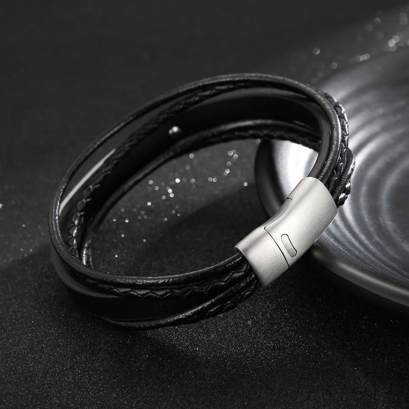 Planderful Mens Stainless Steel Magnetic Leather Bracelet