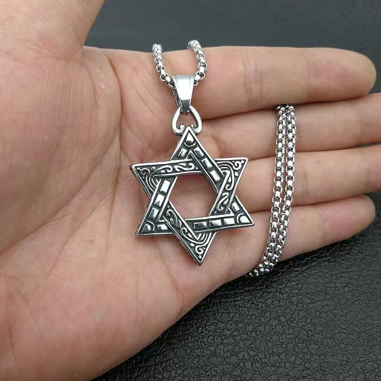 Retro Stainless Steel Men's Pendant Double-Sided Hexagram Necklace