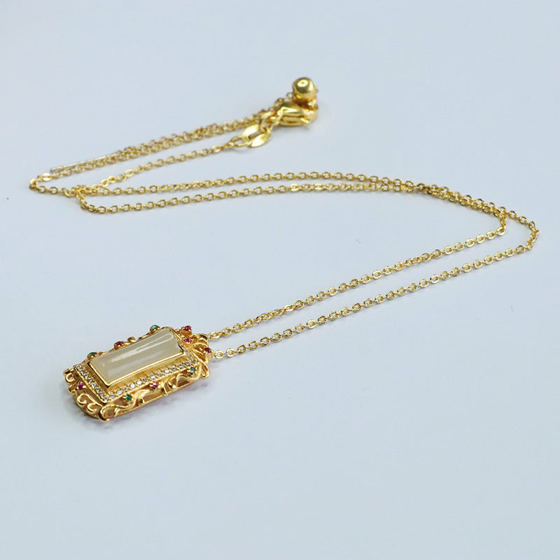 White Jade Pendant Necklace with Colorful Zircon Accents
