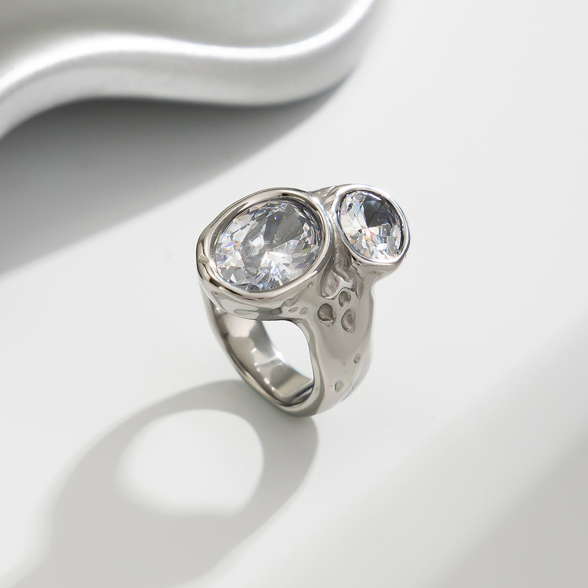 Planderful Stainless Steel Ring With Lava Texture And Zircon Inlays For Women Statement Jewelry