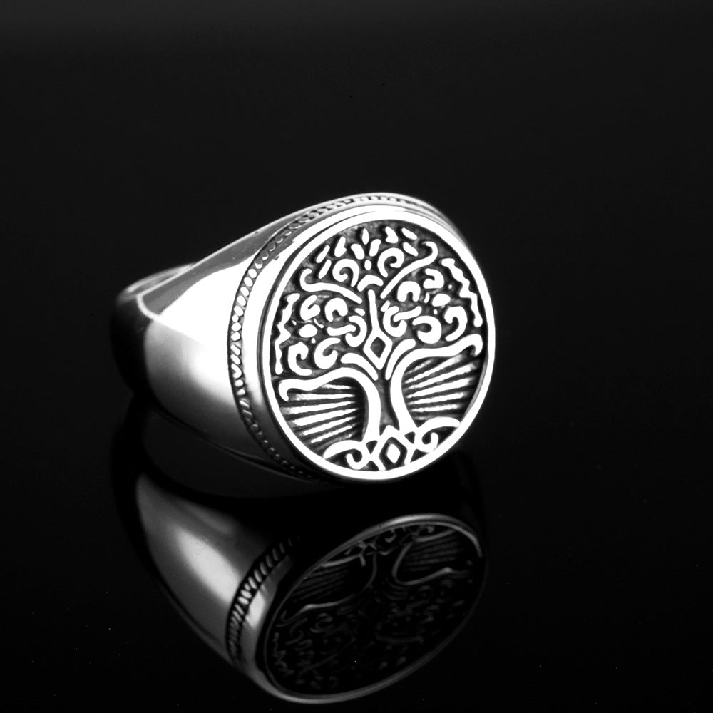 European and American Jewelry Wholesale Men's Titanium Steel Ring Retro Viking Tree of Life Design