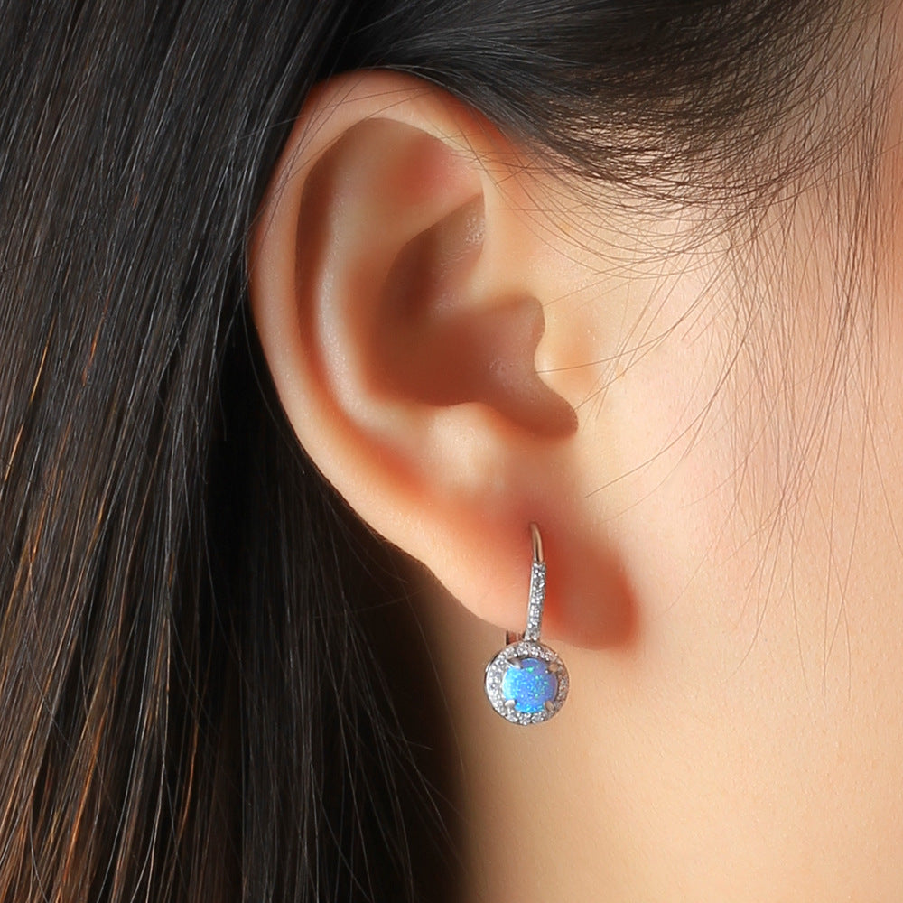 Planderful Jewelry Opal Earrings Sterling Silver Halo Blue Round Zircon Accent Elegant Hoops