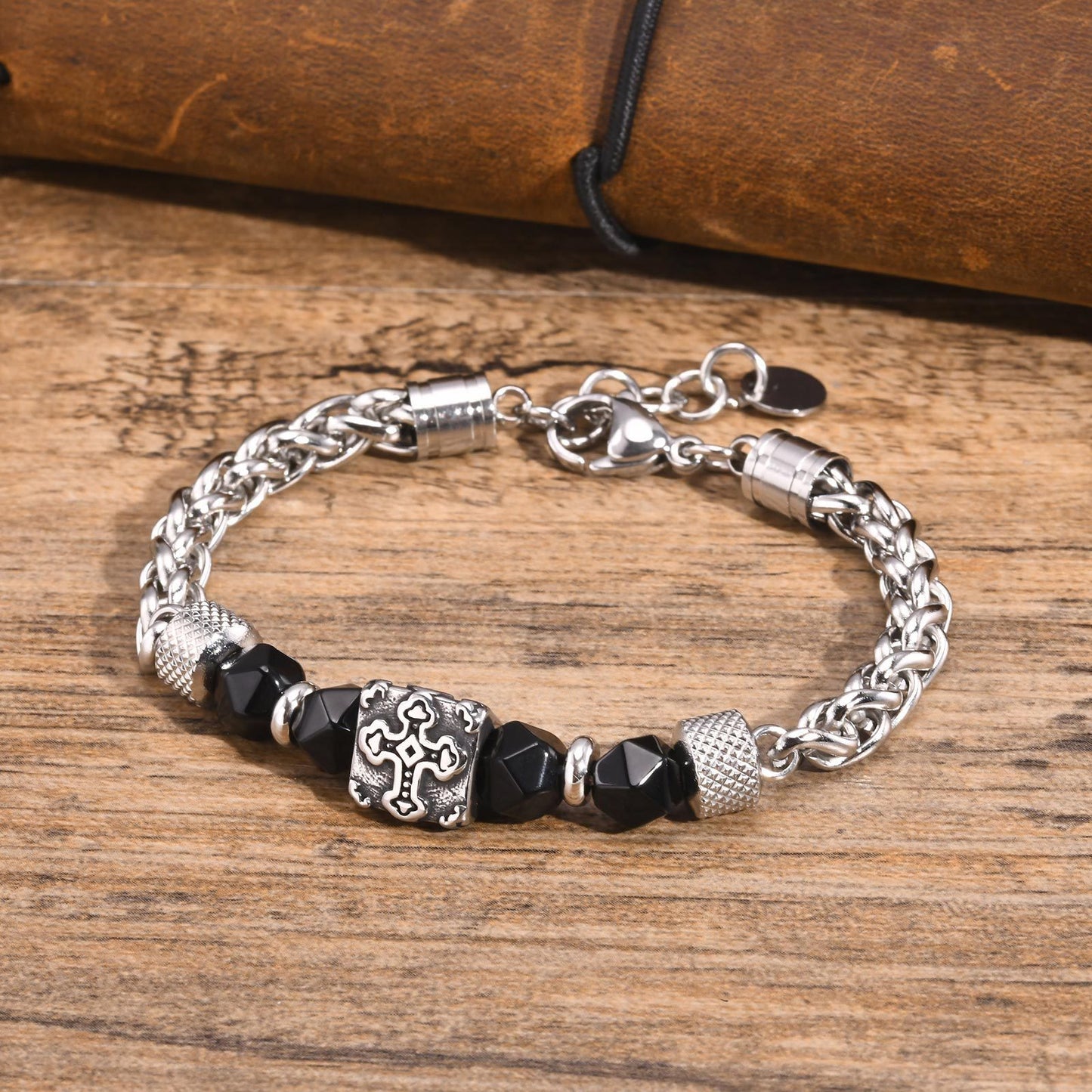 Hip Hop Stainless Steel Handmade Chain Black Bead Cross Bracelet for Men