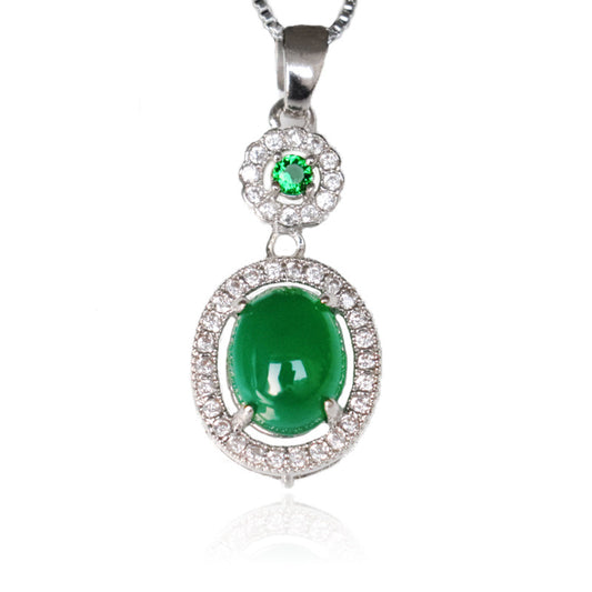 Green Chalcedony Zircon Oval Pendant - Sterling Silver Jewelry