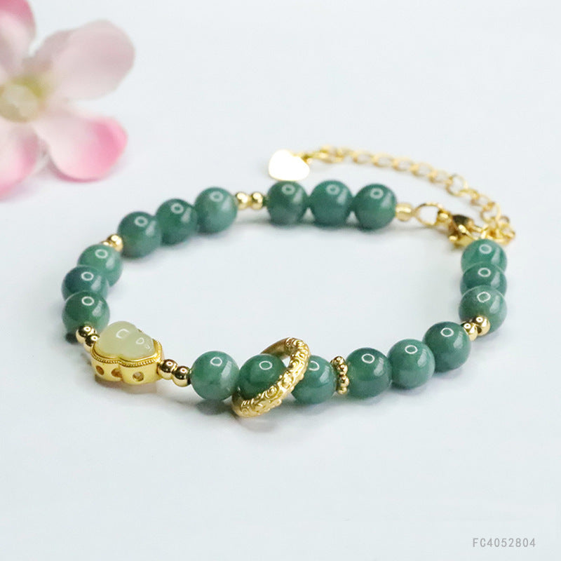 Blue Water Jadeite Gourd & Round Bead Bracelet