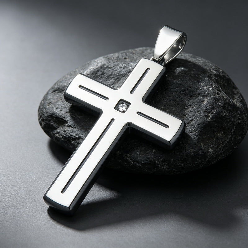 Popular Slotted Line Zircon Cross Titanium Steel Pendant Retro Contrasting Color Stainless Steel Necklace