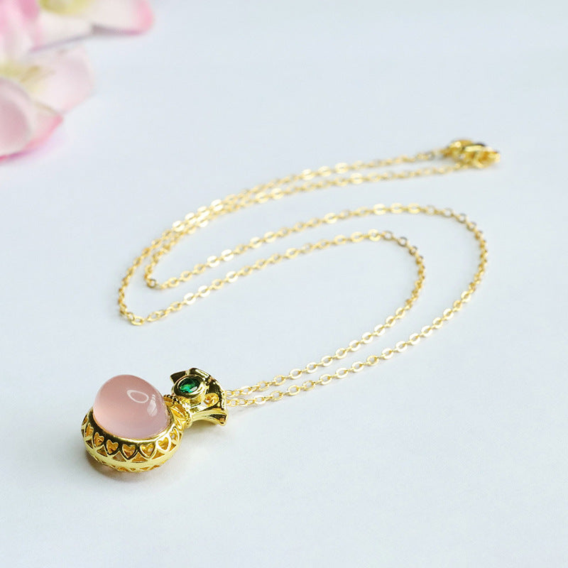 Pink Chalcedony Money Bag Necklace with Oval Pendant