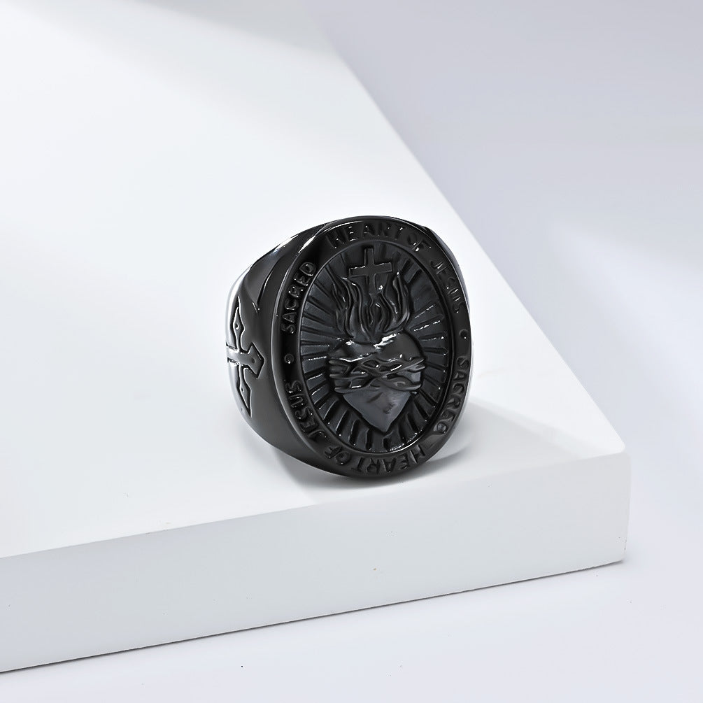 Titanium Steel Cross Ring for Men with Heart Design