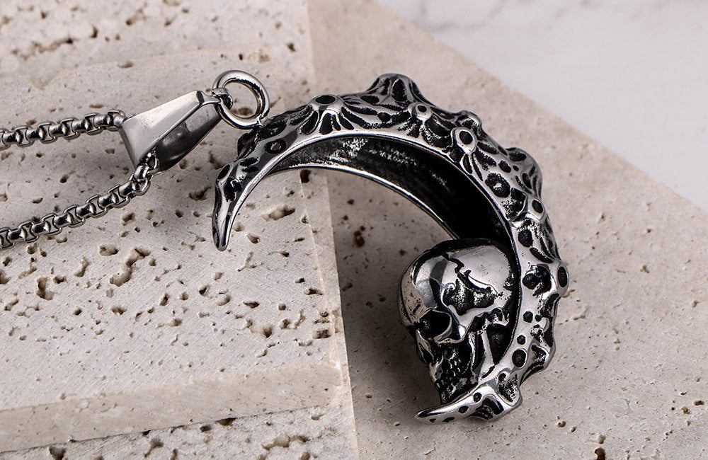 Titanium Steel Crescent Moon Skull Pendant Necklace for Men - Exaggerated Retro Design by Planderful