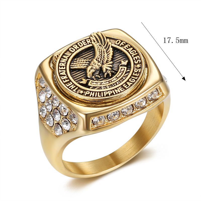 Planderful Everyday Genie Titanium Steel Gold Plated Rhinestone Philippine Eagle Unisex Ring