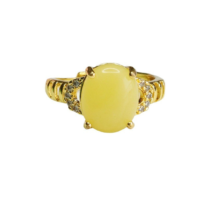Organic Sterling Silver Beeswax Amber Ring with Zircon Accents in Ethnic Style