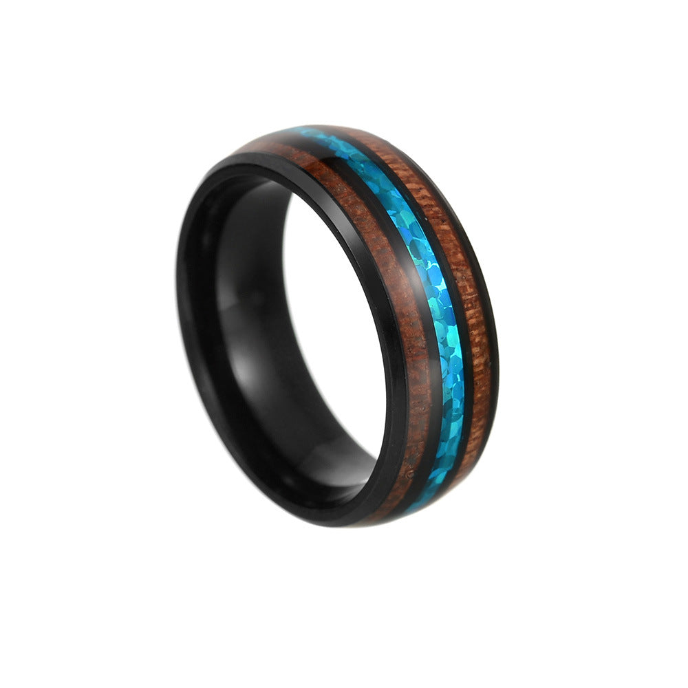 Titanium Steel Ring with Acacia Wood and Abalone Shell Inlay for Men
