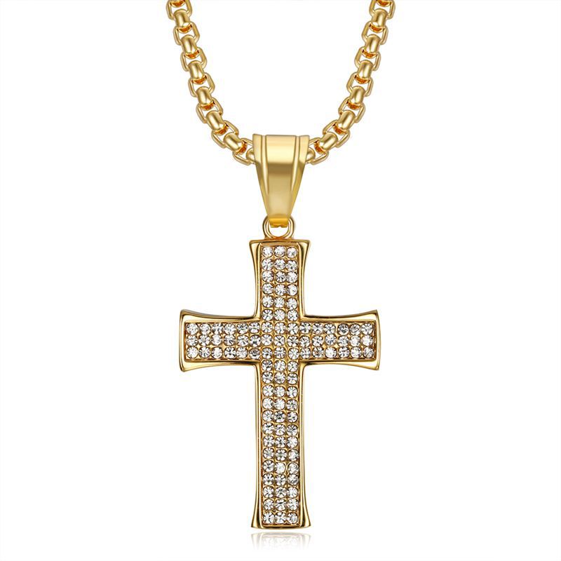 Planderful Everyday Genie Hip Hop Cross Pendant Necklace Titanium Steel Gold Plated Rhinestone For Fans
