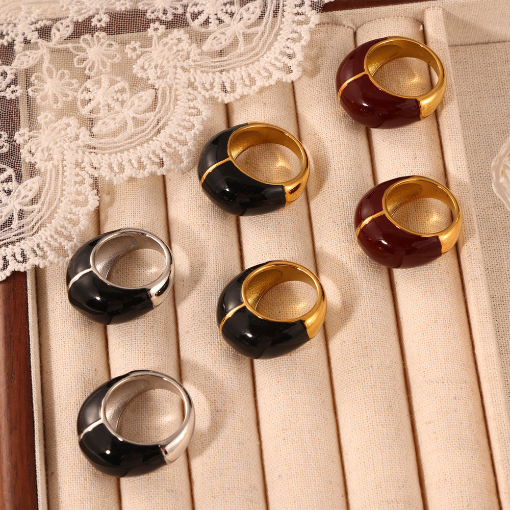 Golden Geometric Design Titanium Steel Ring with Dripping Oil Detail