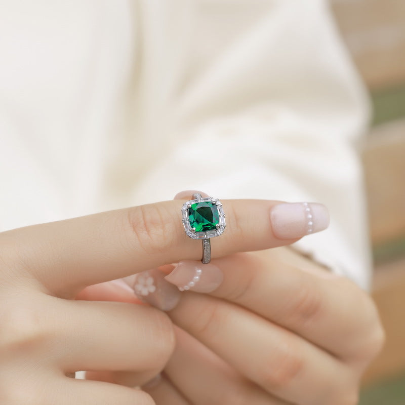 Planderful Jewelry Lab Grown Emerald Ring In Sterling Silver S925 Gala Fireworks Collection